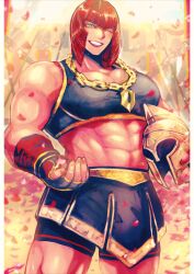  abs absurdres biceps black_sports_bra chain_necklace chains female fingerless_gloves gloves gold_chain green_eyes helmet highres jewelry marisa_(street_fighter) muscular muscular_female necklace one_eye_closed petals red_hair shorts shorts_under_skirt smile solo sports_bra street_fighter street_fighter_6 sunlight thighs unworn_headwear unworn_helmet zuman_(zmnjo1440) 