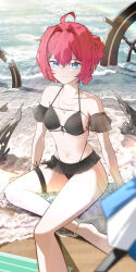  absurdres ahoge alternate_costume bare_shoulders barefoot bikini black_bikini black_sleeves blue_eyes breasts closed_mouth collarbone commentary danjin_(wuthering_waves) earrings english_commentary female hair_intakes hair_ornament highres jewelry looking_at_viewer medium_breasts navel necklace ocean outdoors red_hair ryeon_(bluetom1) see-through_clothes see-through_sleeves short_sleeves sitting smile solo stomach swimsuit thigh_strap wuthering_waves 