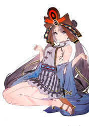  backless_dress backless_outfit bare_legs bare_shoulders belt blush body_markings breasts brown_hair dress fate/grand_order fate_(series) feet female grey_dress headpiece highres iyo_(fate) large_breasts legs long_hair looking_at_viewer parted_bangs purple_eyes revision sandals sideboob sitting smile solo toenails toes toi8 twintails very_long_hair 