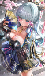  blue_eyes blue_hair blunt_tresses blush breasts bridal_gauntlets cleavage closed_mouth female from_above genshin_impact hand_fan highres himonoata holding holding_fan japanese_clothes kamisato_ayaka large_breasts long_hair looking_at_viewer neck_tassel petals ponytail solo standing 