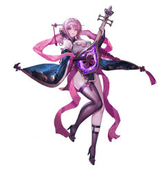  absurdres bare_shoulders black_thighhighs breasts china_dress chinese_clothes cleavage dress female full_body hair_ornament highres holding holding_instrument instrument light_blush light_smile liutiao medium_hair music open_mouth original pink_eyes pink_hair playing_instrument romance_of_the_three_kingdoms simple_background solo solo_focus thighhighs thighs white_background 