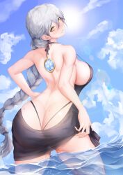  absurdres ass back backboob backless_dress backless_outfit bare_back bare_shoulders black_dress black_panties blue_hair blush braid braided_ponytail breasts butt_crack day dress earrings eos_(neural_cloud) female from_behind girls&#039;_frontline_neural_cloud grin hair_between_eyes highleg highleg_panties highres jewelry large_breasts long_hair looking_at_viewer looking_back no_bra outdoors panties sideboob skirt_hold sleeveless sleeveless_dress smile solo standing thatob thighs underwear very_long_hair wading wet wet_clothes wet_dress white_hair yellow_eyes 