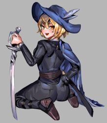  absurdres ass belt blonde_hair blue_cape blue_hat brown_belt brown_footwear cape cavalier_hat cinq_association_(identity)_(project_moon) don_quixote_(project_moon) female hat hat_feather highres holding holding_sword holding_weapon limbus_company long_sleeves looking_at_viewer morchkins open_mouth project_moon sheath shoes short_hair sitting smile solo sword wariza weapon yellow_eyes 