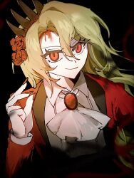  ascot black_background blonde_hair blood blood_on_face breasts closed_mouth coat collared_shirt don_quixote_(project_moon) female flower gem hair_flower hair_ornament limbus_company long_hair long_sleeves looking_at_viewer odamarinasai project_moon red_brooch red_coat red_eyes red_flower red_nails rose shirt simple_background slit_pupils small_breasts smile solo thorns white_shirt 