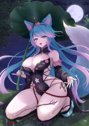  absurdres animal_ear_fluff animal_ears blue_eyes blue_hair breasts cleavage female highres indie_virtual_youtuber japanese_clothes kimono long_hair multicolored_hair open_mouth pink_hair silvervale silvervale_(sakura_goddess) smile solo streaked_hair tail teedee_ch virtual_youtuber wolf_ears wolf_girl 