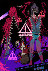  3boys baihuahua5441 belt black_background blood blood_on_face boots brown_hair dimension_shredder_(e.g.o) e.g.o_(project_moon) extra_teeth flesh glaive_(polearm) hair_tie hand_on_own_hip heathcliff_(project_moon) high_ponytail highres holding holding_another&#039;s_wrist holding_weapon hong_lu_(project_moon) jacket jacket_on_shoulders limbus_company long_hair looking_at_viewer lying mechanical_arms meme multicrack_office_(identity)_(project_moon) multiple_boys necktie on_side pants polearm project_moon purple_hair red_necktie short_hair sign smile standing teeth upper_teeth_only vest warning_sign wayward_passenger weapon yi_sang_(project_moon) 