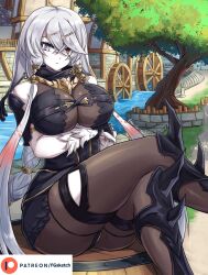  atelier_(series) atelier_ryza bodystocking breasts fgsketch grey_hair heterochromia highres large_breasts lila_decyrus long_hair looking_at_viewer sitting thick_thighs thighs very_long_hair white_background 