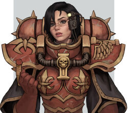  adepta_sororitas armor black_capelet black_eyes black_hair boobplate capelet female gloves gold_trim highres parted_lips purity_seal red_gloves scar scar_on_face scar_on_nose short_hair skull_ornament solo spikes upper_body warhammer_40k yangzheyy 