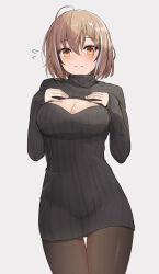  ahoge alternate_costume black_pantyhose black_sweater blush braid braided_bangs breasts brown_eyes brown_hair cleavage cleavage_cutout closed_mouth clothing_cutout commentary cowboy_shot english_commentary female flying_sweatdrops hair_between_eyes highres hololive hololive_english long_sleeves looking_at_viewer medium_breasts medium_hair meme_attire multicolored_hair nanashi_mumei official_alternate_hairstyle open-chest_sweater pantyhose short_hair shuuzo3 simple_background sleeves_past_wrists solo standing streaked_hair sweater thigh_gap turtleneck turtleneck_sweater virtual_youtuber white_hair 