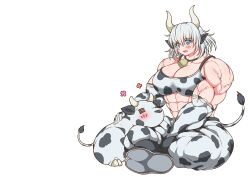  2021 abs absurd_res ambiguous_gender animal_humanoid animal_print bell biceps big_muscles blue_eyes bovid bovid_humanoid bovine bovine_humanoid breasts cattle cattle_humanoid cow_print deltoids dendmy duo female feral grey_hair hair hi_res horn huge_muscles humanoid mammal mammal_humanoid muscular muscular_female simple_background sitting vein white_background 