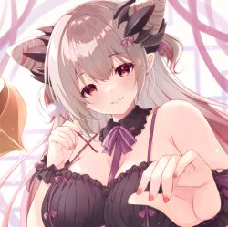  blush bow breasts cleavage cone_hair_bun demon_girl demon_tail female grey_hair hair_bun honey_strap horns large_breasts lingerie long_hair looking_at_viewer nanashi_inc. pink_hair pointy_ears rocomani smile solo suou_patra tail underwear virtual_youtuber 