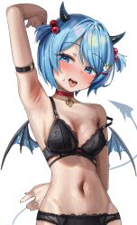  absurdres anchor_symbol arm_strap armpits black_bra black_horns black_panties blue_eyes blue_hair blush bra breasts choker commission demon_girl demon_horns demon_tail demon_wings female green_tea_(matchaistasty) h.live hair_ornament hairpin highres horns luna_neige navel oerba_yun_fang open_mouth panties pink_choker pixiv_commission saliva solo strap_slip sweat tail teeth tongue two_side_up underwear upper_teeth_only virtual_youtuber wings 