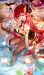  alcohol animal_ear_hairband animal_ears azur_lane balloon bare_shoulders black_bow black_bowtie black_flower black_hairband black_horns black_leotard blunt_bangs bound bound_arms bow bowtie breasts cake champagne champagne_flute chinese_commentary closed_mouth collar commentary_request crescent cup curled_horns demon_horns detached_collar drinking_glass fake_animal_ears feet_out_of_frame female fireworks flower food grey_pantyhose hair_flower hair_ornament hairband heart heart_balloon highres hindenburg_(azur_lane) hindenburg_(delirious_duel)_(azur_lane) holding holding_cup horns large_breasts leotard long_hair night official_alternate_costume one_eye_closed open_mouth outdoors pantyhose playboy_bunny pointy_ears pool rabbit_ear_hairband rabbit_ears red_eyes red_hair samo_(shichun_samo) sitting smile soaking_feet solo star_(symbol) strapless strapless_leotard very_long_hair waist_bow white_collar white_wrist_cuffs wrist_cuffs yellow_bow 