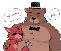  2024 anthro artist_name bear belly black_bow_tie black_clothing black_hat black_headwear black_nose black_top_hat bow_tie brown_body brown_fur canid canine cel_shading chest_tuft claws closed_eyes closed_smile clothing countershade_face countershade_fur countershade_torso countershading dialogue digital_media_(artwork) duo english_text eye_patch eyebrows eyewear featureless_chest finger_claws fingers five_nights_at_freddy&#039;s fox foxy_(fnaf) freddy_(fnaf) fur hat headgear headwear hi_res hook hug male male/male mammal mostly_nude mouth_closed multicolored_body multicolored_fur open_mouth overweight overweight_anthro overweight_male pecs pink_body pink_countershading pink_fur red_body red_fur scottgames shaded simple_background size_difference smile snout speech_bubble stocky tangkookie text top_hat tuft two_tone_body two_tone_fur white_background 