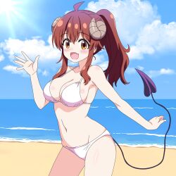  ahoge beach bikini blue_sky breasts brown_eyes brown_hair cleavage cloud commentary_request day demon_horns female highres horizon horns large_breasts machikado_mazoku ocean outdoors ponytail sakuzo sky smile solo swimsuit waving white_bikini yoshida_yuuko_(machikado_mazoku) 