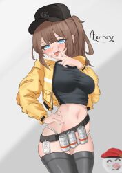  absurdres arcrox artist_name baseball_cap belt black_shirt brown_hair buckle commander_(girls&#039;_frontline) dima_(girls&#039;_frontline) explosive female girls&#039;_frontline grenade hat highres jacket licking_lips navel no_pants open_clothes open_jacket panties shirt smoke_grenade snap-fit_buckle tongue tongue_out underwear v white_panties yellow_jacket 