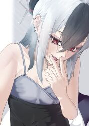  absurdres asunami_verlunu black_dress black_hair black_horns blue_archive blush breasts collarbone commentary_request demon_horns dress earrings female grey_hair hair_between_eyes halo highres horns jewelry kayoko_(blue_archive) kayoko_(dress)_(blue_archive) looking_at_viewer medium_hair multicolored_hair official_alternate_costume portrait purple_wings red_eyes sidelocks single_wing small_breasts solo tongue tongue_out two-tone_hair upper_body wings 