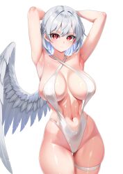  absurdres armpits arms_behind_head arms_up blush breasts closed_eyes commentary_request cowboy_shot feathered_wings female hair_between_eyes highres kishin_sagume large_breasts leo23 looking_at_viewer navel red_eyes simple_background single_wing skindentation slingshot_swimsuit solo stomach swimsuit thigh_strap touhou white_background white_hair white_slingshot_swimsuit white_wings wings 