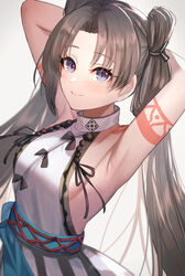  armpits arms_behind_head arms_up backless_dress backless_outfit bare_shoulders blush body_markings breasts brown_hair closed_mouth commentary_request dolce_(dolsuke) dress eyelashes fate/grand_order fate_(series) female film_grain grey_dress highres iyo_(fate) large_breasts long_hair looking_at_viewer parted_bangs purple_eyes sash sideboob smile solo twintails very_long_hair 