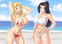  2girls abs armpits arms_behind_head arms_up bare_shoulders beach biceps bikini black_hair blonde_hair blue_sky breasts cleavage closed_mouth cloud collarbone commentary_request commission contrail cowboy_shot day groin hand_on_own_hip highres large_breasts long_hair looking_at_viewer midriff multiple_girls muscular muscular_female navel obliques ocean original outdoors ozaneko parted_bangs parted_lips ponytail presenting_armpit purple_eyes red_bikini sidelocks skeb_commission skindentation sky smile standing swimsuit white_bikini yellow_eyes 