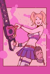  1boy belt blonde_hair blood blue_eyes breasts chainsaw cheerleader commentary crop_top female heartgrooooove highres holding holding_chainsaw holding_weapon juliet_starling lollipop_chainsaw midriff navel nick_carlyle pink_blood scrunchie severed_head skirt smile symbol-only_commentary thighhighs twintails weapon 