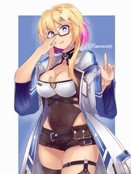  absurdres arms_up azur_lane belt black-framed_eyewear black_belt blonde_hair blue_background blue_eyes blush breast_tattoo breasts brown_shorts cleavage coat female glasses gyaru hair_between_eyes hair_ornament hairclip highres kogal large_breasts looking_at_viewer marblehead_(azur_lane) multicolored_coat multicolored_hair nail_polish navel photoshop_(medium) pink_hair pink_nails see-through semi-rimless_eyewear short_hair_with_long_locks short_shorts shorts smile solo standing symbol-shaped_pupils symbol_in_eye takkikun tattoo thighhighs thighs tongue tongue_out two-tone_background two-tone_coat two-tone_hair under-rim_eyewear white_background wide_sleeves 