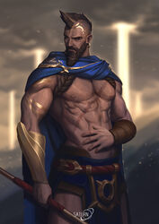  1boy abs absurdres artist_name bara beard biceps blurry blurry_background body_hair brown_eyes brown_hair cape dust ear_piercing earrings facial_hair gauntlets highres jewelry lance large_pectorals league_of_legends light_rays loincloth male_focus manly mature_male mohawk muscular muscular_male navel nipples pantheon_(league_of_legends) pectorals piercing polearm saturn_(satscarlet) scar scar_on_chest scar_on_stomach solo tattoo thick_arms topless_male weapon 