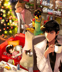  2boys a106 a107 apron atom:_the_beginning big_nose black_eyes black_hair blanket brown_hair chair christmas christmas_tree closed_eyes coffee couch cup f14_(tetsuwan_atom) feline female formal gift glasses hat highres indoors iyo_(kurumiwarin) merry_christmas mug multiple_boys ochanomizu_hiroshi ochanomizu_ran on_couch ornament pillow plant pliers potted_plant screwdriver shelf short_hair sleeping standing star_(symbol) suit tenma_umatarou 