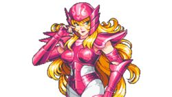  armor blonde_hair blue_eyes bracer breasts fantasy female fingerless_gloves gloves helmet long_hair looking_to_the_side medium_breasts mermaid_thetis pink_gloves pixel_art saint_seiya solo transparent_background very_long_hair x0_000 