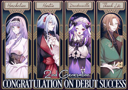  1boy 1other 2girls 3di_project artist_request bat_wings breasts closed_mouth collared_shirt dress drudrusilla_purple english_text gothic_lolita hair_between_eyes hairband heterochromia highres large_breasts light_purple_hair lolita_fashion long_sleeves marcheline mortia_(3di) multiple_girls official_art open_mouth puffy_long_sleeves puffy_sleeves purple_hair shirt swept_bangs thanh_loc turtleneck vampire virtual_youtuber wavy_hair white_dress wide_sleeves wings 