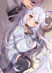  1other :3 absurdres animal_ear_fluff animal_ears bare_shoulders bell black_thighhighs brown_eyes camisole collar commission commissioner_upload female fox_ears fox_girl fox_tail goma_(u_p) highres indie_virtual_youtuber kamiko_kana lap_pillow long_hair looking_at_viewer lying multicolored_hair neck_bell no_pants on_side oversized_clothes red_hair skeb_commission sleeves_past_wrists smile strap_slip streaked_hair sweater tail thighhighs very_long_hair virtual_youtuber white_hair 