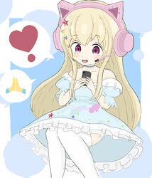  :d absurdres animal_ear_headphones animal_ears bad_id bad_pixiv_id blonde_hair blue_choker blue_dress blush_stickers cat_ear_headphones cellphone choker collarbone commentary_request dress fake_animal_ears feet_out_of_frame female frilled_dress frills headphones headset heart highres holding holding_phone indie_virtual_youtuber kagami_marina long_hair off-shoulder_dress off_shoulder phone purple_eyes rururu_(pyrk8855) smile solo spoken_emoji spoken_heart thighhighs very_long_hair virtual_youtuber white_thighhighs 