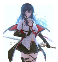  black_choker black_skirt blue_eyes blue_hair breasts choker commission cosplay counter:side cowboy_shot falchion_(fire_emblem) female fire_emblem fire_emblem_awakening hair_between_eyes highres holding holding_sword holding_weapon jacket joo_shiyoung joo_shiyoung_(cosplay) kobayashi_yuu long_hair looking_at_viewer lucina_(fire_emblem) navel open_clothes open_jacket shirt skirt small_breasts solo sword sword_behind_back symbol_in_eye thigh_strap velephyr voice_actor_connection weapon white_background white_shirt 