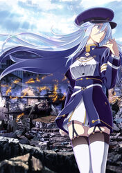  1boy 86_-eightysix- absurdres black_hair blue_eyes blue_hair blue_sky cloud day embers female fingerless_gloves floating_hair garter_straps gloves high-waist_skirt highres kawakami_tetsuya key_visual light_blue_hair long_hair long_sleeves looking_away military military_vehicle miniskirt motor_vehicle official_art promotional_art red_eyes rubble ruins shinei_nouzen skindentation skirt sky tank thighhighs very_long_hair vladilena_millize white_legwear 