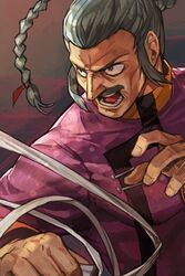  1boy braid clenched_hand facial_hair fighting_stance g_gundam grey_eyes grey_hair gundam hair_tie hands_up hungry_clicker jacket long_hair long_sleeves male_focus manly master_asia moustache open_mouth single_braid solo stance 