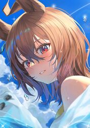  absurdres agnes_tachyon_(umamusume) ahoge animal_ears bare_shoulders blush brown_hair chakuma_(yiyh1468) close-up earrings female highres horse_ears horse_girl jewelry looking_at_viewer messy_hair outdoors parted_lips red_eyes short_hair single_earring solo umamusume water_drop wet 