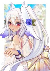  azur_lane blue_flower blue_rose blush bodypaint bride commentary_request crossed_bangs dark-skinned_female dark_skin dress facepaint female flower from_side hair_between_eyes hair_flower hair_ornament highres jewelry long_hair looking_at_viewer minneapolis_(azur_lane) minneapolis_(trapper_white)_(azur_lane) official_alternate_costume open_mouth ornate_ring ponytail red_eyes ring rose sidelocks skirt_hold smile solo sosogi_(sosogi_m) standing wedding_dress wedding_ring white_hair 