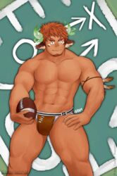  1boy abs american_football_(object) ball bara brown_hair bulge dark-skinned_male dark_skin eye_black facial_hair fiery_horns forked_eyebrows glowing_horns goatee gramfurs hand_on_own_hip horns large_pectorals looking_at_viewer male_focus muscular muscular_male navel no_nipples pectorals short_hair solo stomach thick_eyebrows thick_thighs thighs tokyo_afterschool_summoners wakan_tanka wakan_tanka_(fashionista_swimsuit) 