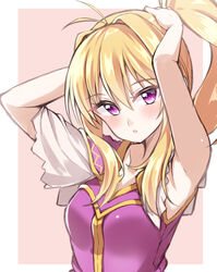  ahoge armpits arms_up blonde_hair blouse blush breasts clarine_(fire_emblem) collarbone colored_eyelashes female fire_emblem fire_emblem:_the_binding_blade hair_between_eyes jiino long_hair looking_at_viewer medium_breasts ponytail purple_eyes purple_shirt shadow shirt simple_background solo tying_hair upper_body yellow_eyes 