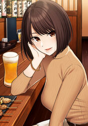  :d alcohol beer belt blush bob_cut bracelet breasts brown_belt brown_eyes brown_hair brown_sweater commentary counter female food glass gyouza_teishoku hand_on_own_face highres izakaya jewelry kebab long_sleeves looking_at_viewer loose_hair_strand open_mouth original ribbed_sweater short_hair sitting skewer smile solo sweater turtleneck turtleneck_sweater wainscoting wooden_floor yakitori 