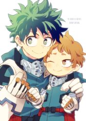  2boys blush bodysuit boku_no_hero_academia brown_eyes brown_hair clenched_hands closed_mouth commentary_request copyright_name cosplay freckles gloves green_bodysuit green_eyes green_hair hand_on_another&#039;s_shoulder hat lolicon looking_at_viewer looking_to_the_side male_focus midoriya_izuku midoriya_izuku_(cosplay) multiple_boys one_eye_closed open_mouth shimano_katsuma short_hair simple_background smile spiked_hair white_background white_gloves will_izkt 