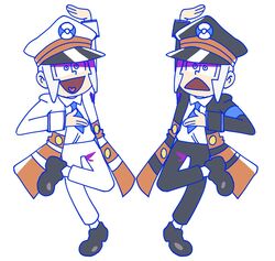  2boys black_coat blue_necktie brothers caffstrink coat emmet_(pokemon) grey_hair hat ingo_(pokemon) male_focus multiple_boys necktie open_mouth osomatsu-san osomatsu_(series) pants parody peaked_cap pokemon pokemon_bw sheeeh! shirt siblings sideburns smile striped striped_coat style_parody twins white_coat white_shirt 