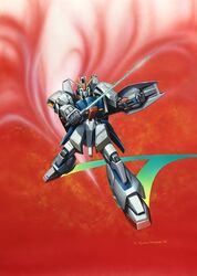  1980s_(style) artist_name beam_saber clenched_hand cover_image green_eyes gundam highres holding holding_shield holding_sword holding_weapon looking_at_viewer mecha mecha_focus no_humans official_art retro_artstyle robot ryukow_masseau science_fiction shield solo sword v-fin weapon zeta_gundam zeta_gundam_(mobile_suit) 