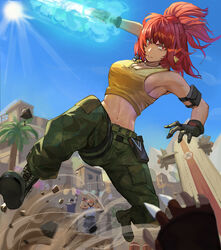  2boys absurdres blue_sky boots camouflage cargo_pants clark_still combat_boots crop_top dark_persona desert dog_tags earrings female gloves highres jewelry king_of_dinosaurs leona_heidern multiple_boys orochi_leona palm_tree pants ponytail ralf_jones red_eyes red_hair sky soldier tank_top the_king_of_fighters the_king_of_fighters_xv tilyoug tree triangle_earrings yellow_tank_top 