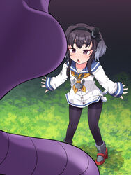  amagaeru_(hylathewet) arbok black_hair black_pantyhose blue_sailor_collar blush commentary_request commission crossover dress female grass grey_hair hairband highres kantai_collection long_sleeves multicolored_hair neckerchief open_mouth orange_neckerchief pantyhose pokemon pokemon_(creature) purple_eyes rudder_footwear sailor_collar sailor_dress short_hair_with_long_locks skeb_commission standing tokitsukaze_(kancolle) white_dress 