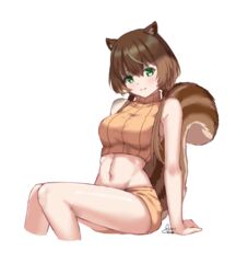  alternate_costume animal_ear_fluff animal_ears as4gi ayunda_risu breasts brown_hair cropped_legs cropped_sweater female green_eyes hololive hololive_indonesia long_hair looking_at_viewer low_twintails midriff multicolored_hair navel short_shorts shorts signature sitting solo squirrel_ears squirrel_girl squirrel_tail streaked_hair sweater tail turtleneck turtleneck_sweater twintails virtual_youtuber white_background white_hair 