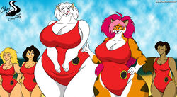  anthro beach blush breasts chrisandcompany cleavage clothed clothing domestic_cat felid feline felis female grace_persia group human mammal obese obese_female overweight overweight_female pantherine seaside size_difference small_head swimwear tiger tigris 