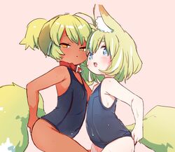  2girls animal_collar animal_ear_fluff animal_ears babalilo babalilo_(babalilo) bad_id bad_twitter_id bare_arms bare_shoulders belly blonde_hair blue_eyes blue_one-piece_swimsuit blush collar commentary_request covered_navel dark-skinned_female dark_skin dog_ears dog_girl dog_tail flat_chest fox_ears fox_tail green_hair half-closed_eyes inactive_account light_green_hair looking_at_viewer multiple_girls oerba_yun_fang old_school_swimsuit one-piece_swimsuit open_mouth original pink_background red_collar school_swimsuit short_hair swimsuit tail thick_eyebrows titi_(babalilo) wet 