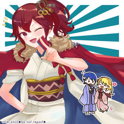  1boy 2girls alfonse_(fire_emblem) alfonse_(new_year)_(fire_emblem) anna_(fire_emblem) anna_(new_year)_(fire_emblem) blonde_hair blue_hair blush cm_anco fire_emblem fire_emblem_heroes hair_ornament jacket jacket_on_shoulders japanese_clothes kimono looking_at_viewer multiple_girls official_alternate_costume one_eye_closed open_mouth ponytail red_eyes red_hair sharena_(fire_emblem) sharena_(new_year)_(fire_emblem) side_ponytail twitter_username 