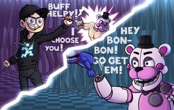  &gt;:d 2020 5_fingers absurd_res aglitch69 ambiguous_gender angry animal_humanoid animatronic animdude_(fnaf) anthro barazoku battle bear biceps black_eyebrows black_hair black_nose blue_body bottomwear bow_tie buckteeth buff_helpy checkered checkered_background checkered_floor checkered_wall clenched_teeth clothed clothing crossover dawko dawko_(character) dialogue electronics english_text exclamation_point eyebrows fingers fist five_nights_at_freddy&#039;s freddy_fazbear&#039;s_pizzeria_simulator funtime_freddy_(fnafsl) group hair hand_puppet hat headgear headwear helpy_(fnaf) hi_res human humanoid lagomorph leporid machine male mammal mammal_humanoid manly meme microphone motion_blur motion_lines multicolored_body multicolored_eyes muscular muscular_anthro muscular_male nintendo open_mouth pants pattern_background pecs pink_body pink_tongue pokeball pokemon pokemon_battle puppet puppet_bonnie_(fnafsl) rabbit robot round_ears scott_cawthon scottgames short_hair simple_background sister_location size_difference smile standing sweater tan_body tan_skin teeth text tongue top_hat topwear triceps ursid_humanoid white_body wire 